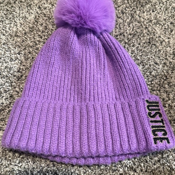 Justice Purple Ribbed Beanie Hat With Faux Fur Pom Pom