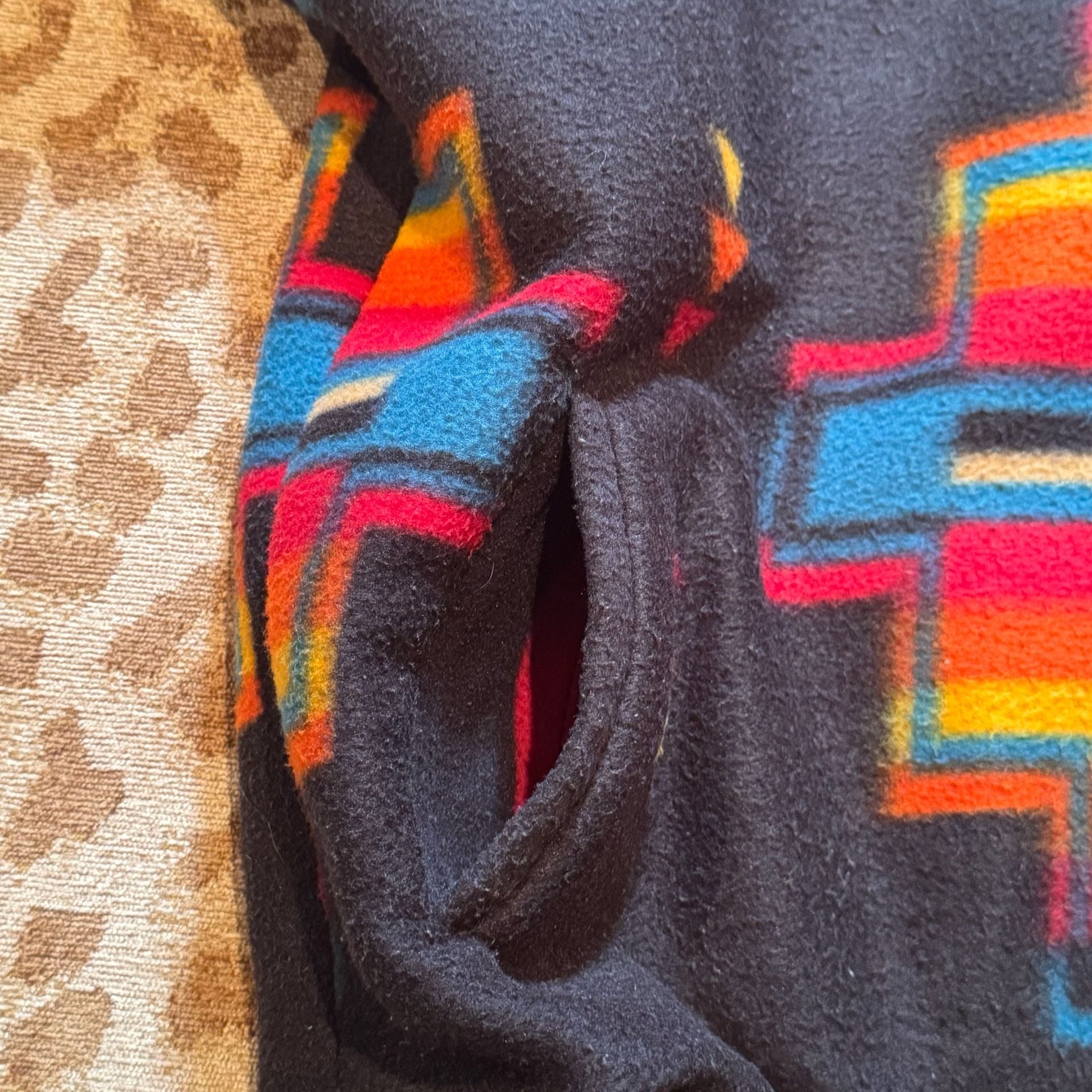  Southwestern Aztec Fleece Hoodie Pullover Black Turquoise Western L 11