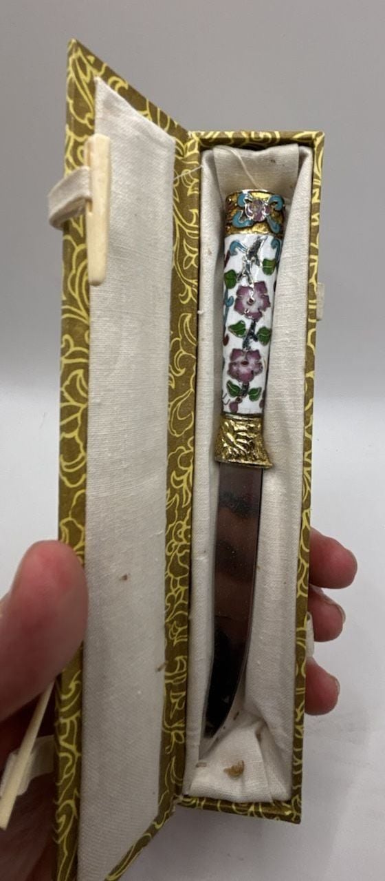 Vintage Cloisonne Enamel Floral Letter Opener With Presentation Box 1
