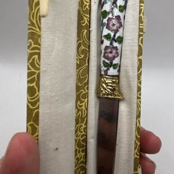 Vintage Cloisonne Enamel Floral Letter Opener With Presentation Box