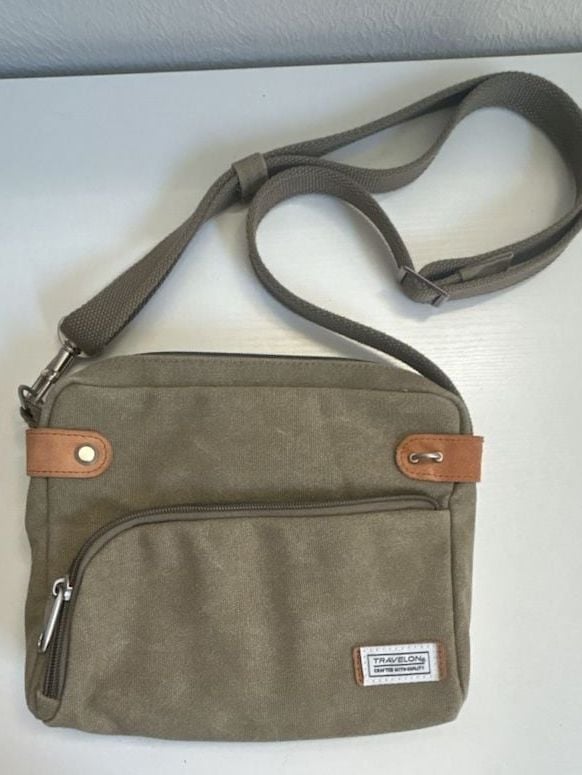 Travelon Anti-Theft Heritage Crossbody Bag Sage Green Canvas Suede Trim 2