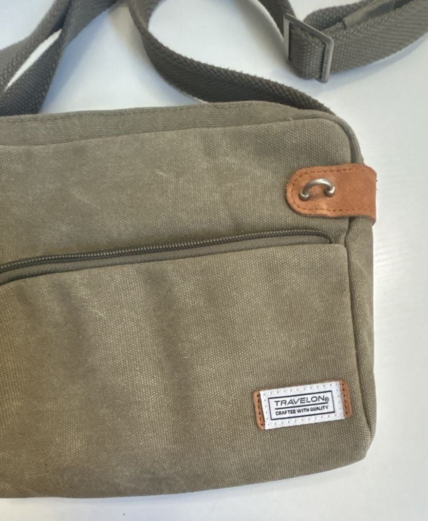 Travelon Anti-Theft Heritage Crossbody Bag Sage Green Canvas Suede Trim 3