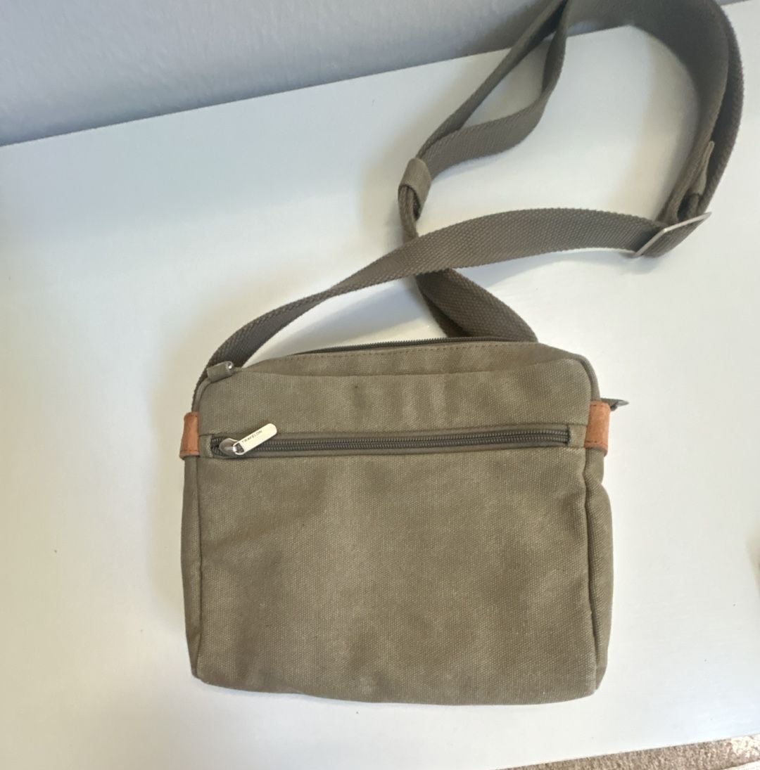 Travelon Anti-Theft Heritage Crossbody Bag Sage Green Canvas Suede Trim 4