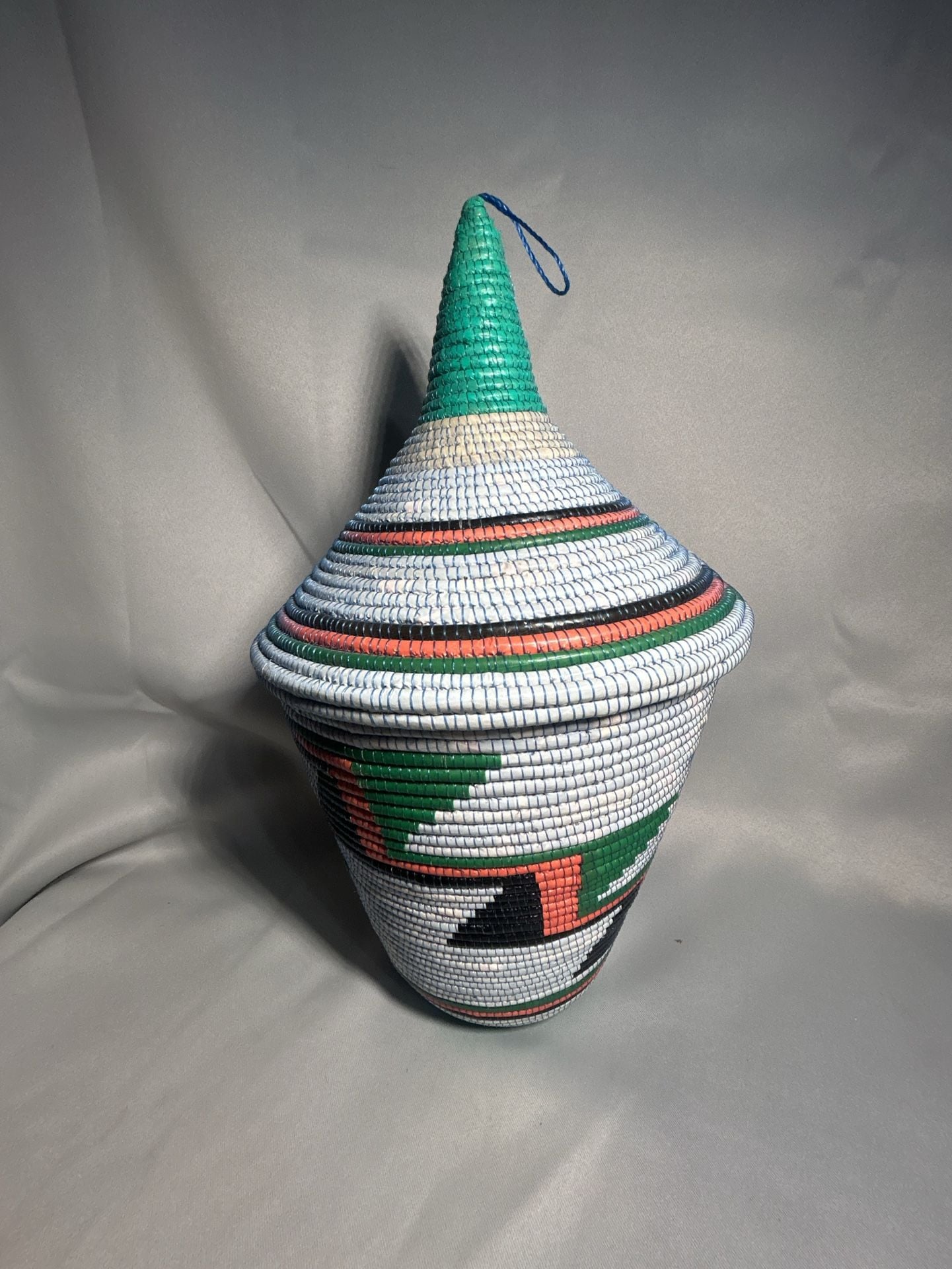 Handmade African Woven Basket With Lid Colorful Geometric Pattern 3