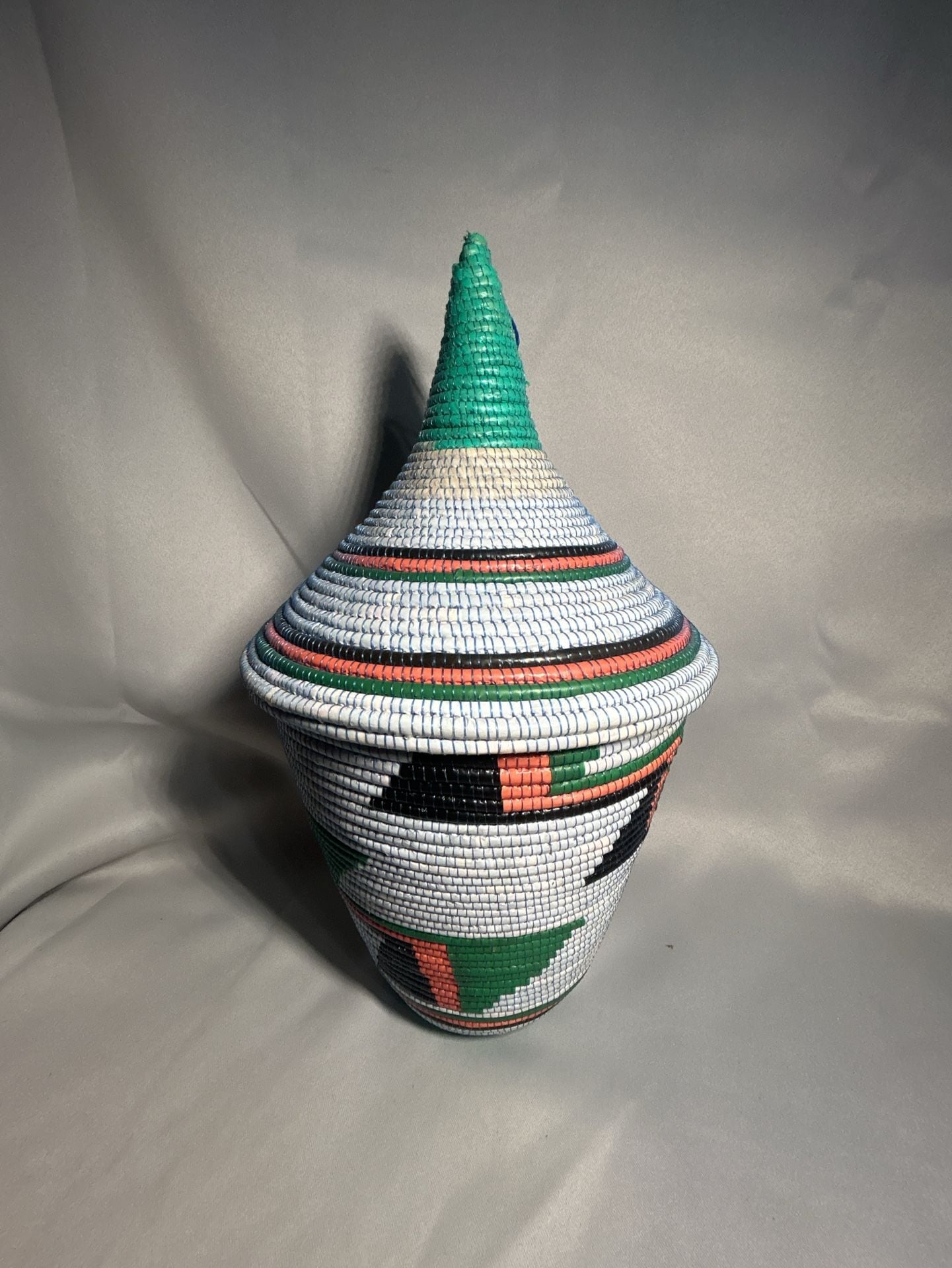 Handmade African Woven Basket With Lid Colorful Geometric Pattern 2