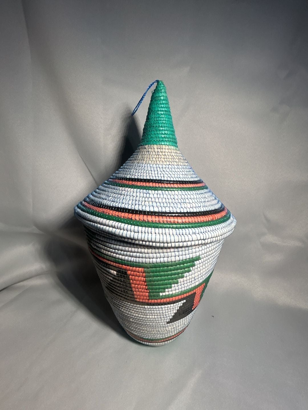 Handmade African Woven Basket With Lid Colorful Geometric Pattern 1