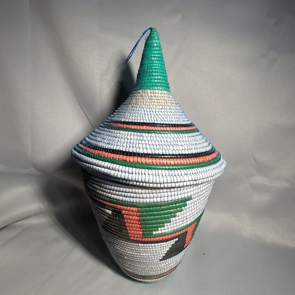 Handmade African Woven Basket With Lid Colorful Geometric Pattern
