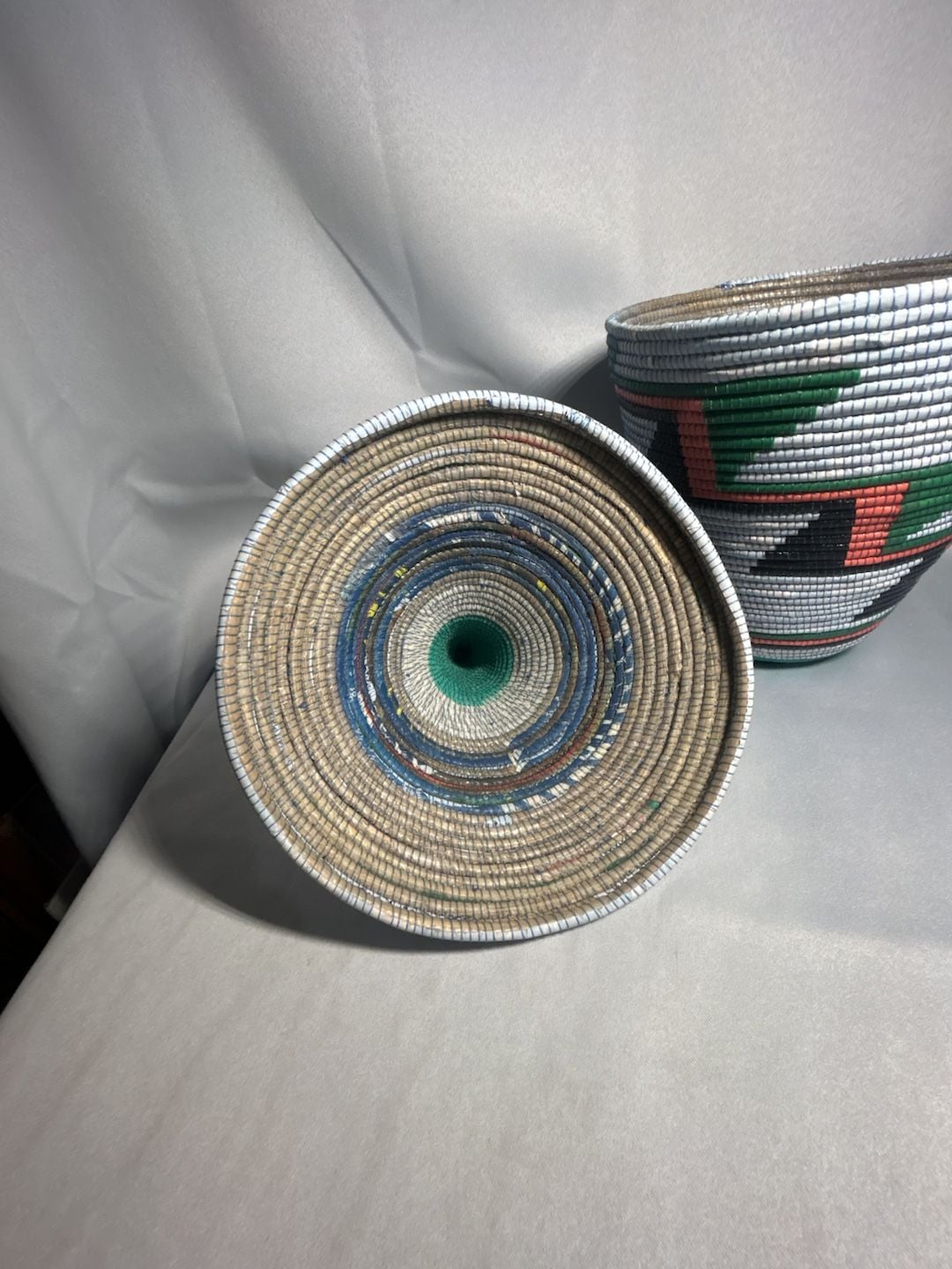 Handmade African Woven Basket With Lid Colorful Geometric Pattern 4