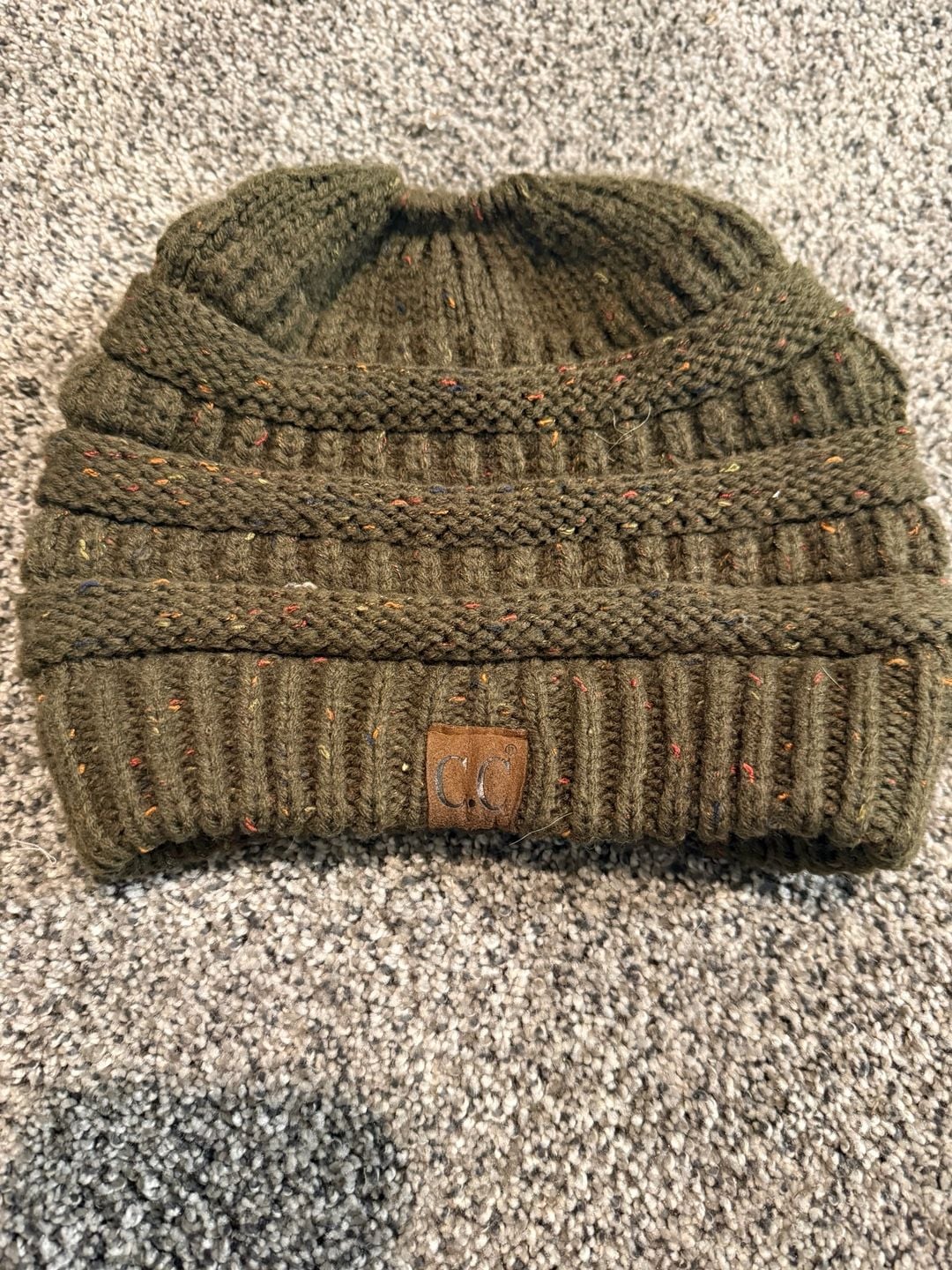 C.C Confetti Messy Bun Ponytail Beanie Olive Green Flecked Knit 2