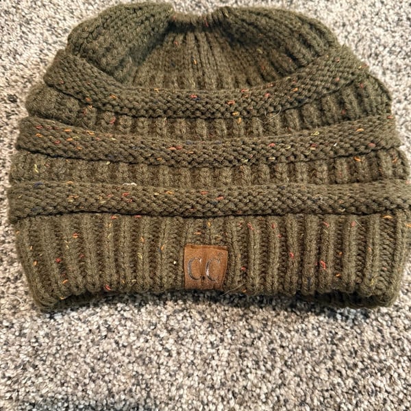 C.C Confetti Messy Bun Ponytail Beanie Olive Green Flecked Knit