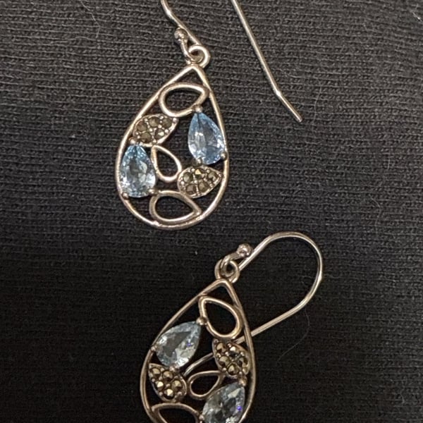 Tori Hill Sterling Silver Marcasite & Blue Glass Teardrop Earrings