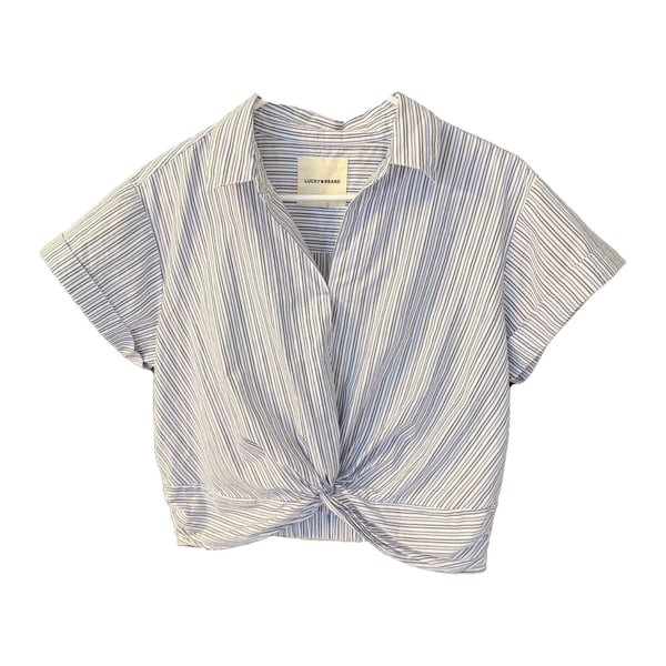 Lucky Brand Striped Twist Front Shirt Size S Blue White Cropped Blouse