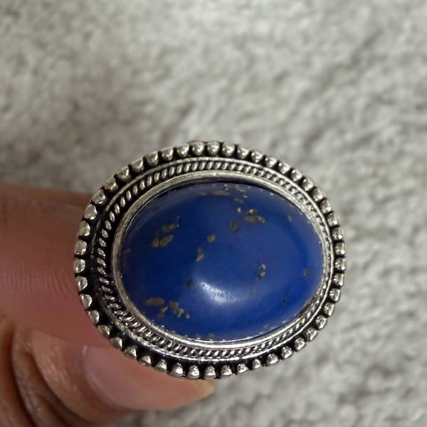 Lapis Lazuli Blue Stone Ornate Boho Statement Ring – Silver Tone
