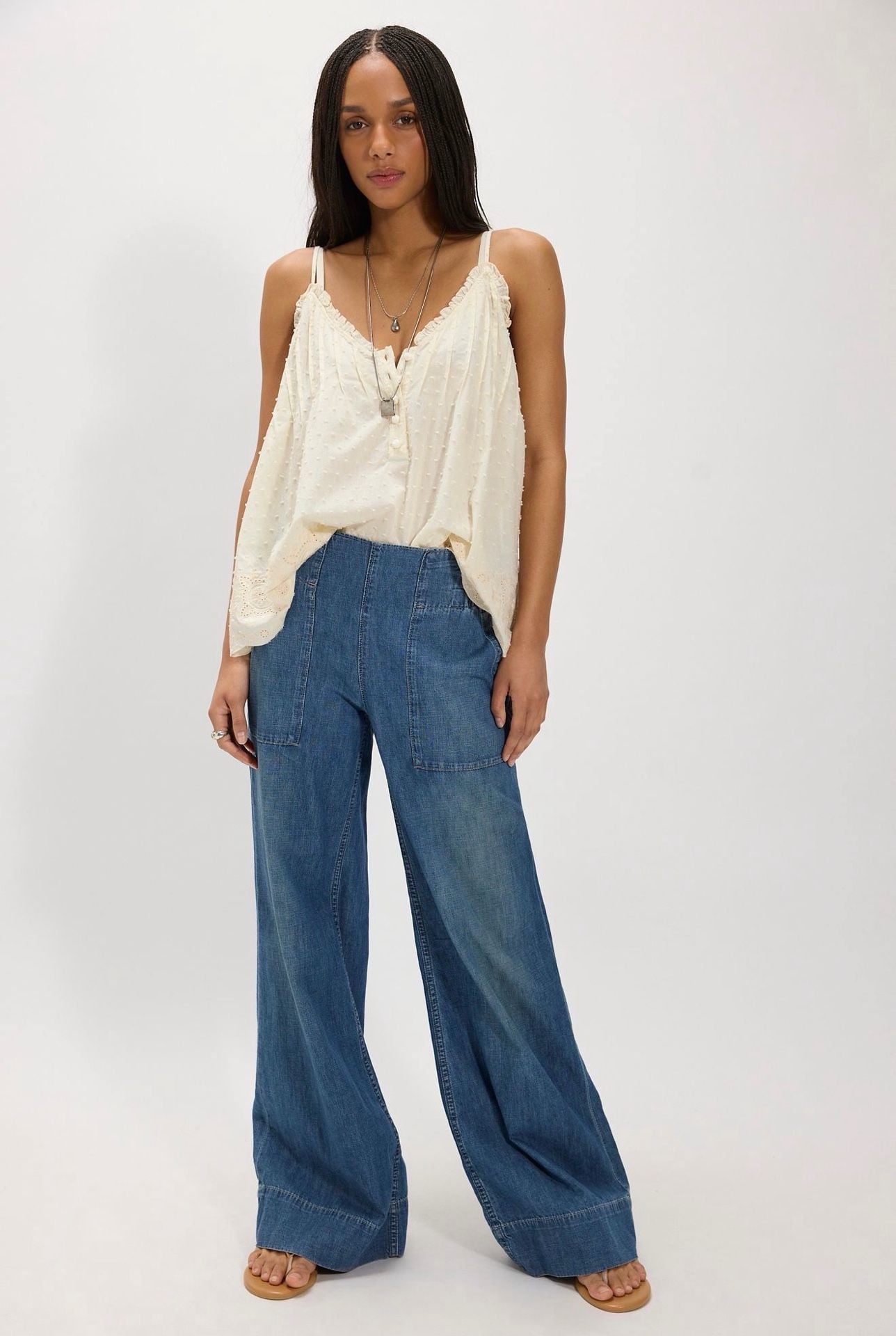 Free People We The Free Breezy Denim Pull-On Pants Blue Wide Leg Size Xsmall NWT 2