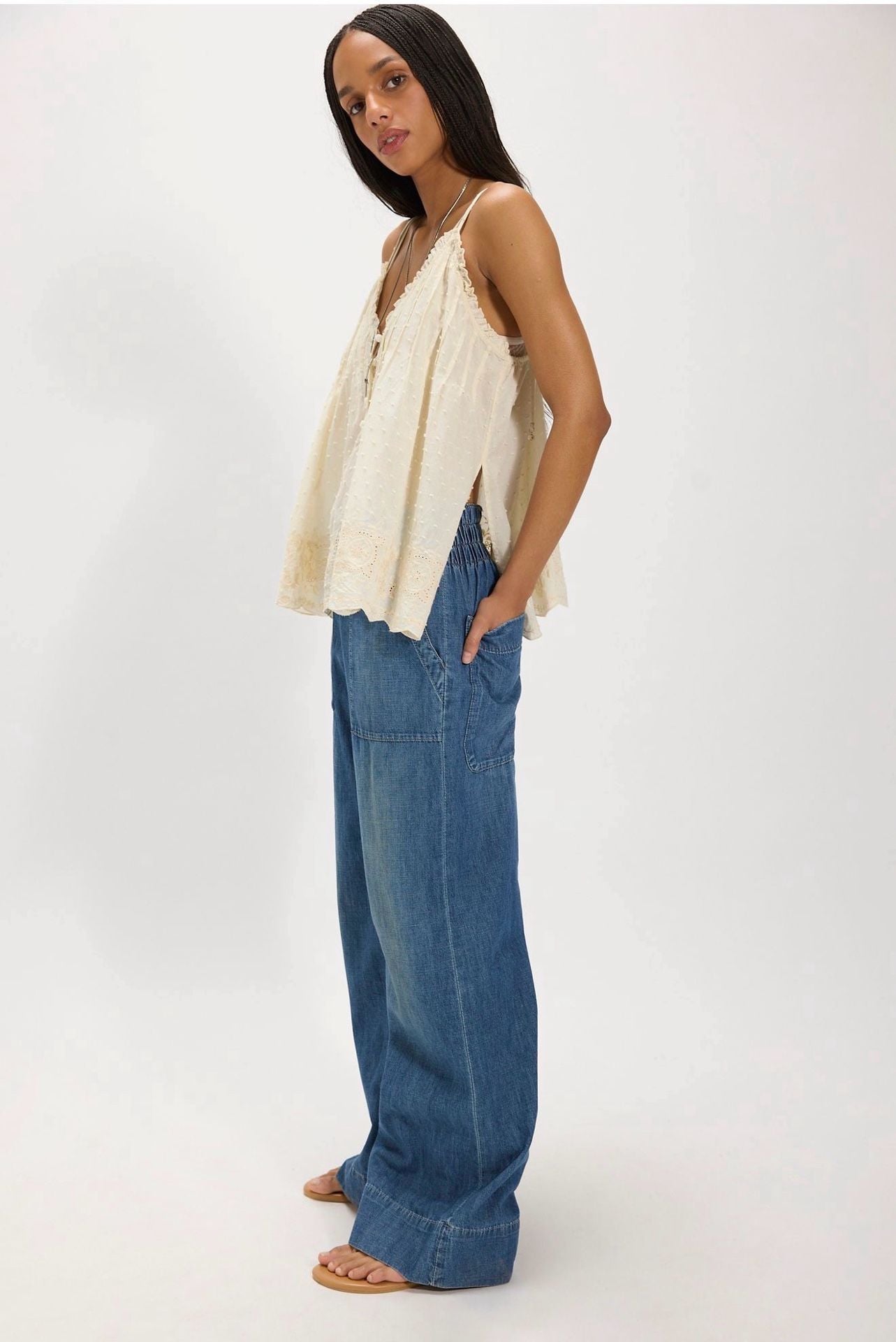Free People We The Free Breezy Denim Pull-On Wide Leg Jeans Blue Size Medium NWT 3