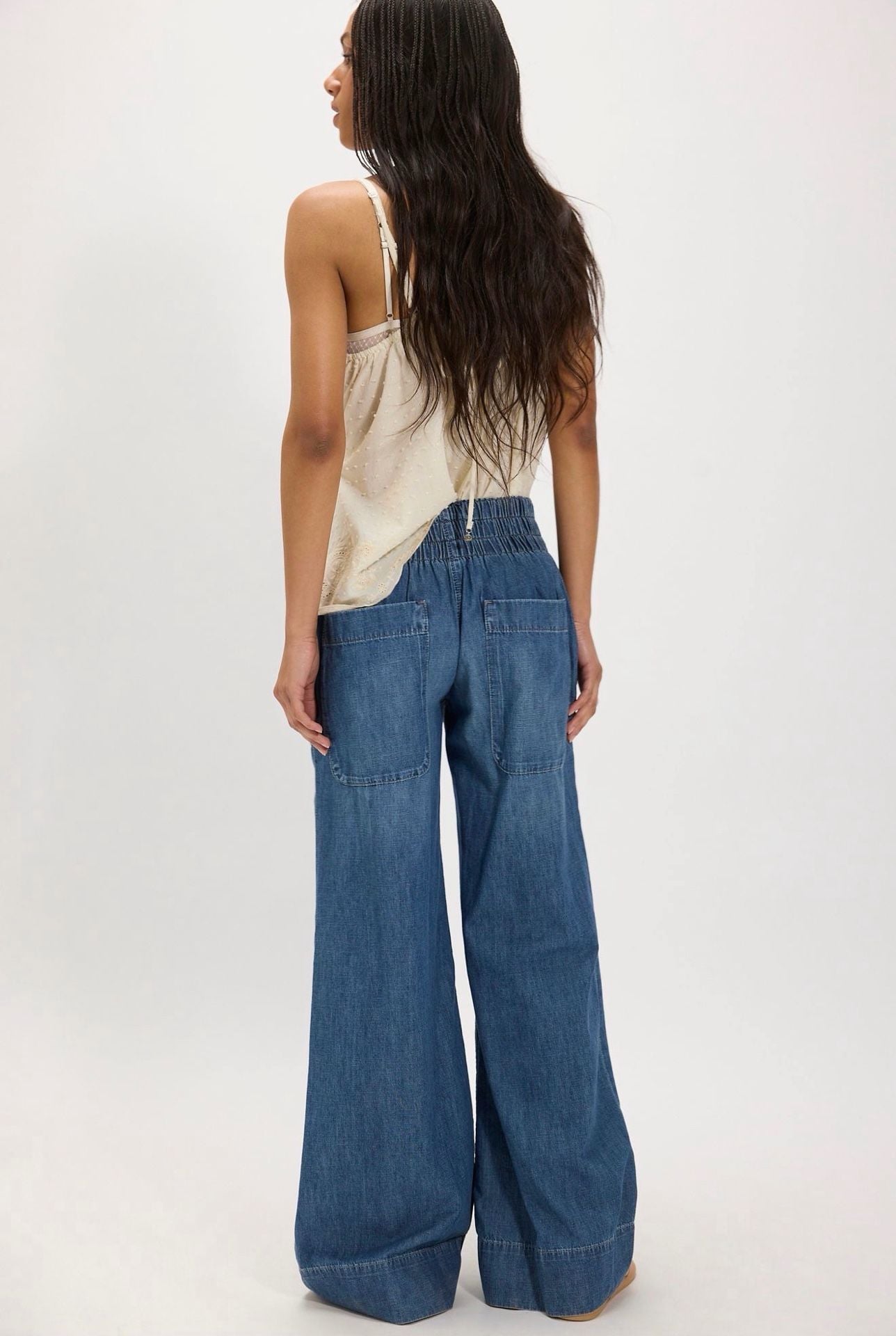 Free People We The Free Breezy Denim Pull-On Wide Leg Jeans Blue Size Medium NWT 4