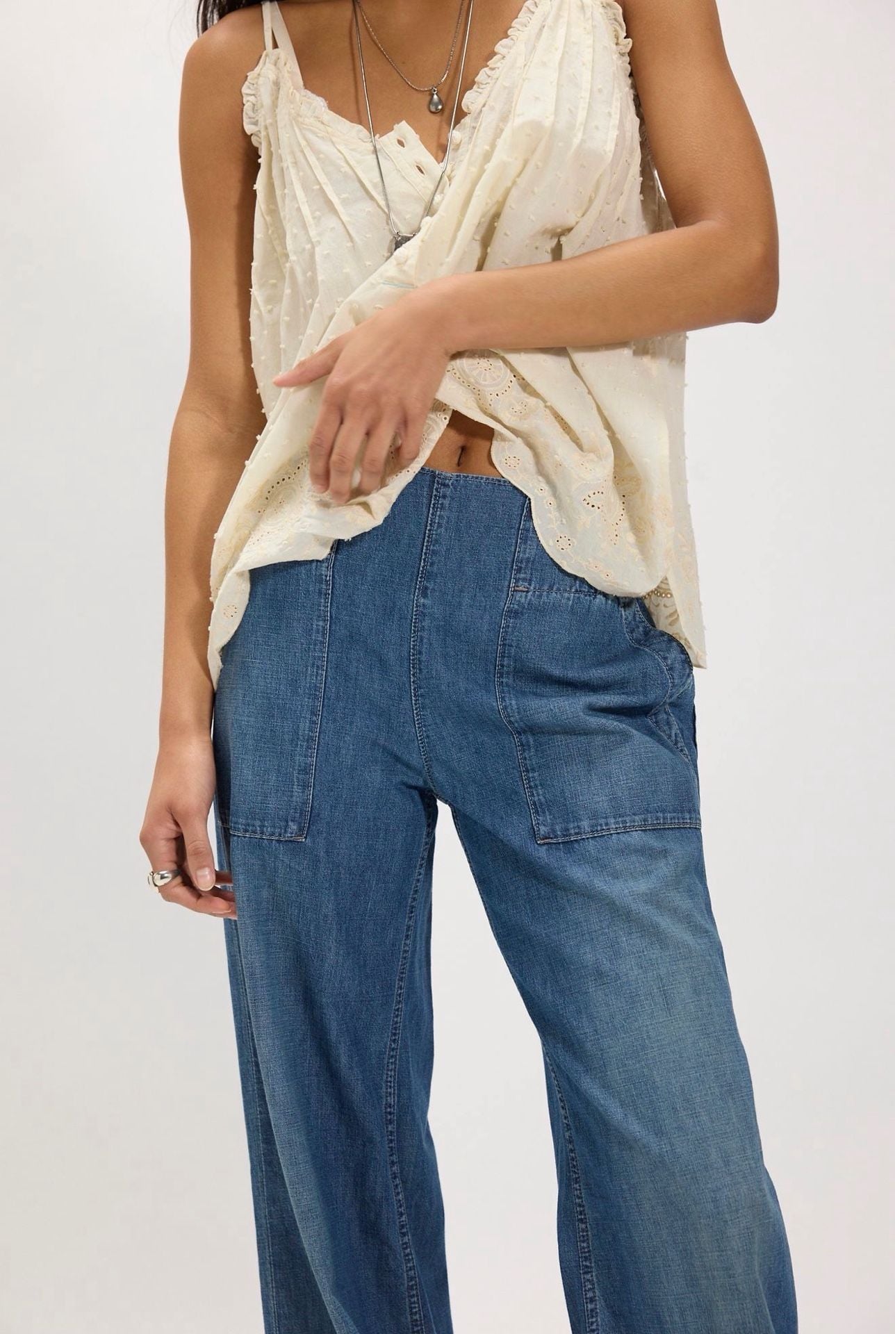 Free People We The Free Breezy Denim Pull-On Wide Leg Jeans Blue Size Medium NWT 5