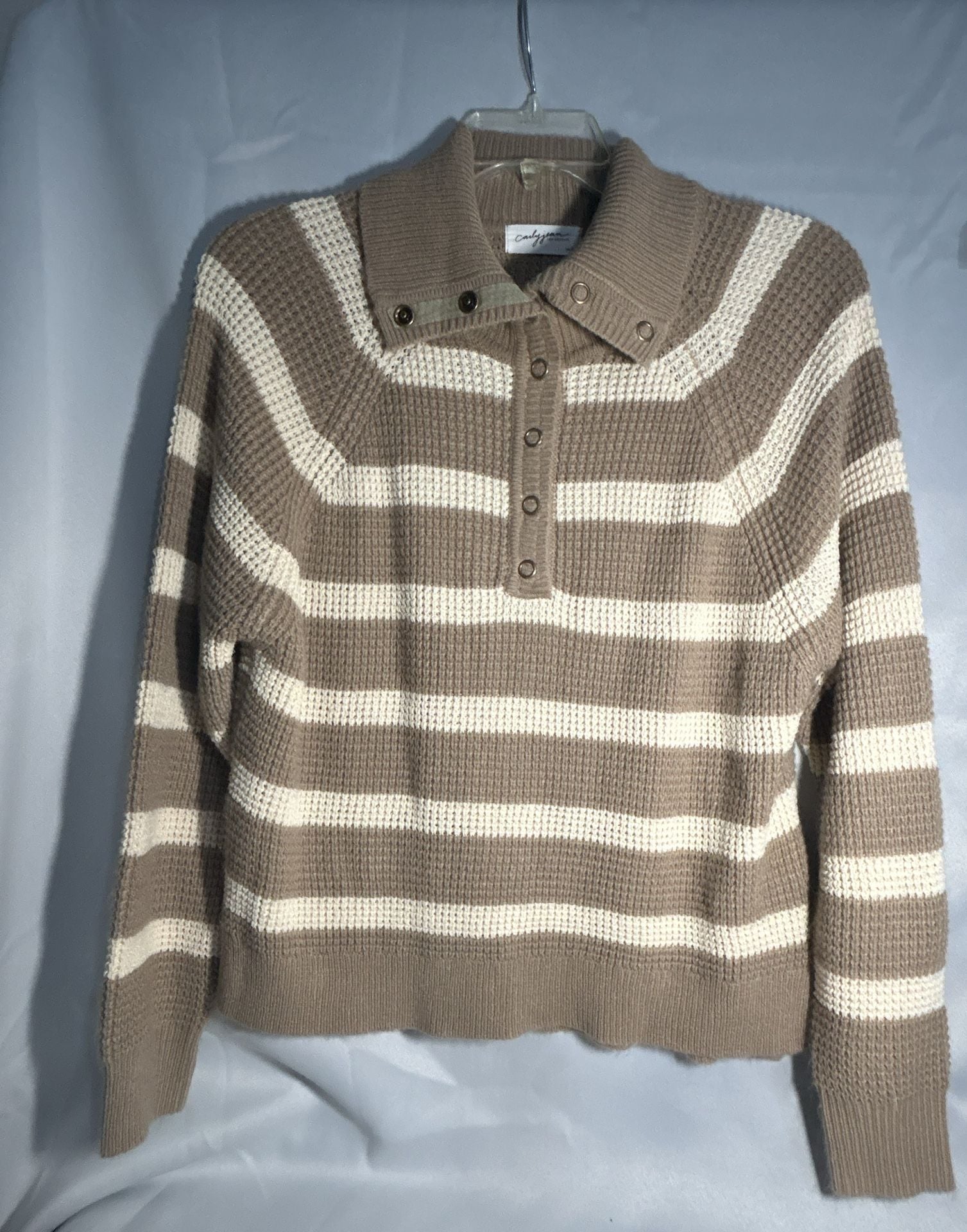 Carly Jean Los Angeles Striped Polo Sweater Tan White (315) 2
