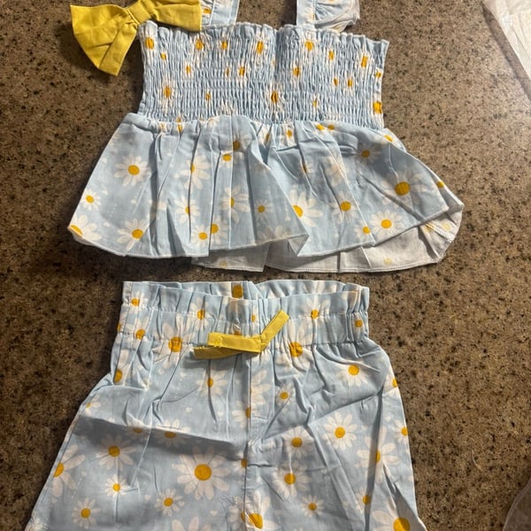 12M Infant Daisy Shorts Set with Headband Blue Floral Outfit