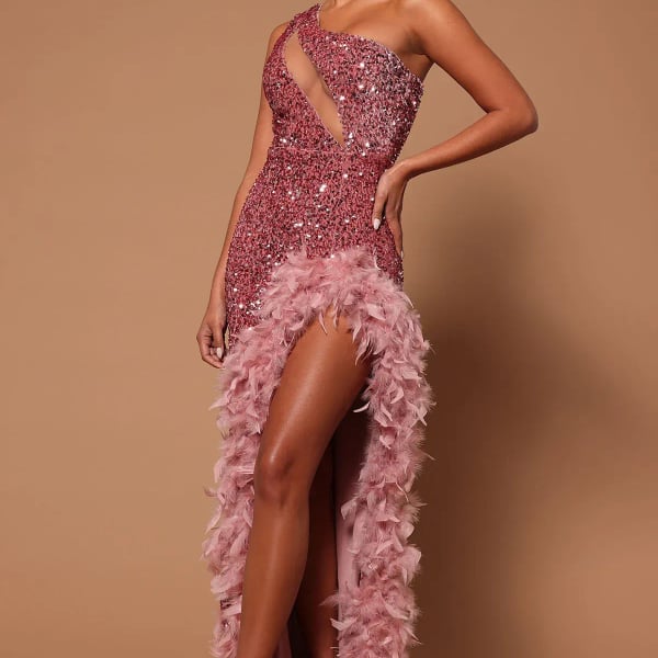 Fashion Nova Esme Sequin Feather Maxi Dress Size L Pink One-Shoulder