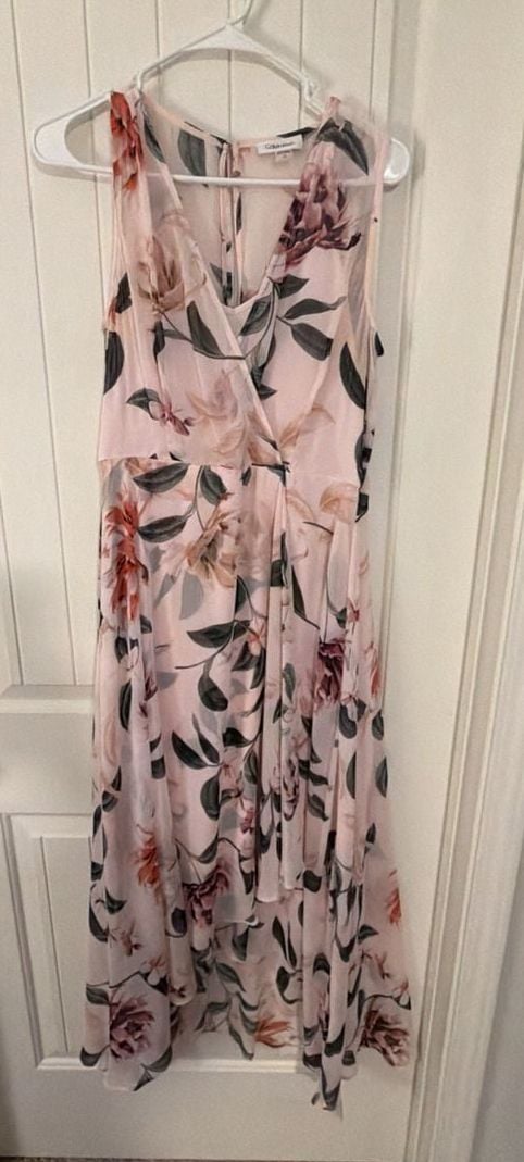 Calvin Klein Floral Chiffon Dress Size 10 (L) Pink High Low Maxi 2