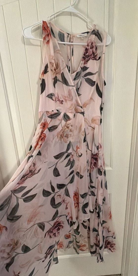 Calvin Klein Floral Chiffon Dress Size 10 (L) Pink High Low Maxi 4