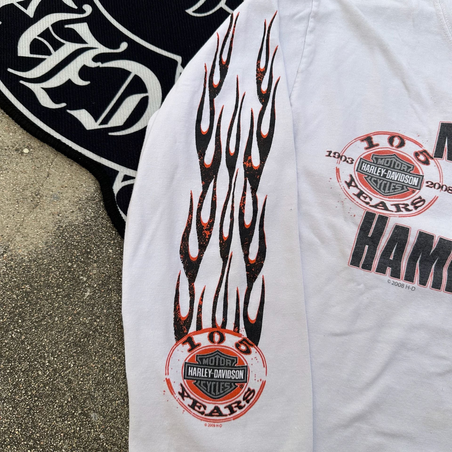 Vintage 2008 Harley-Davidson 105th Anniversary Flame Long Sleeve Shirt White 5