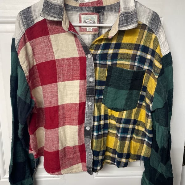 American Eagle Patchwork Flannel Shirt Size L Multi Color Plaid