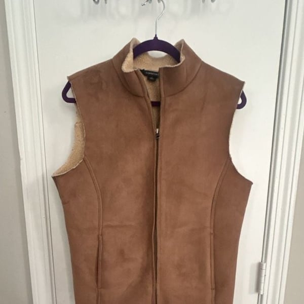 Lands' End Faux Suede Sherpa Lined Vest Size 10-12 Brown Full Zip