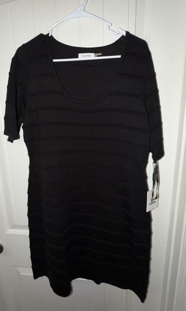 Calvin Klein Knit Dress Size XL Black Short Sleeve Striped Sheath 2