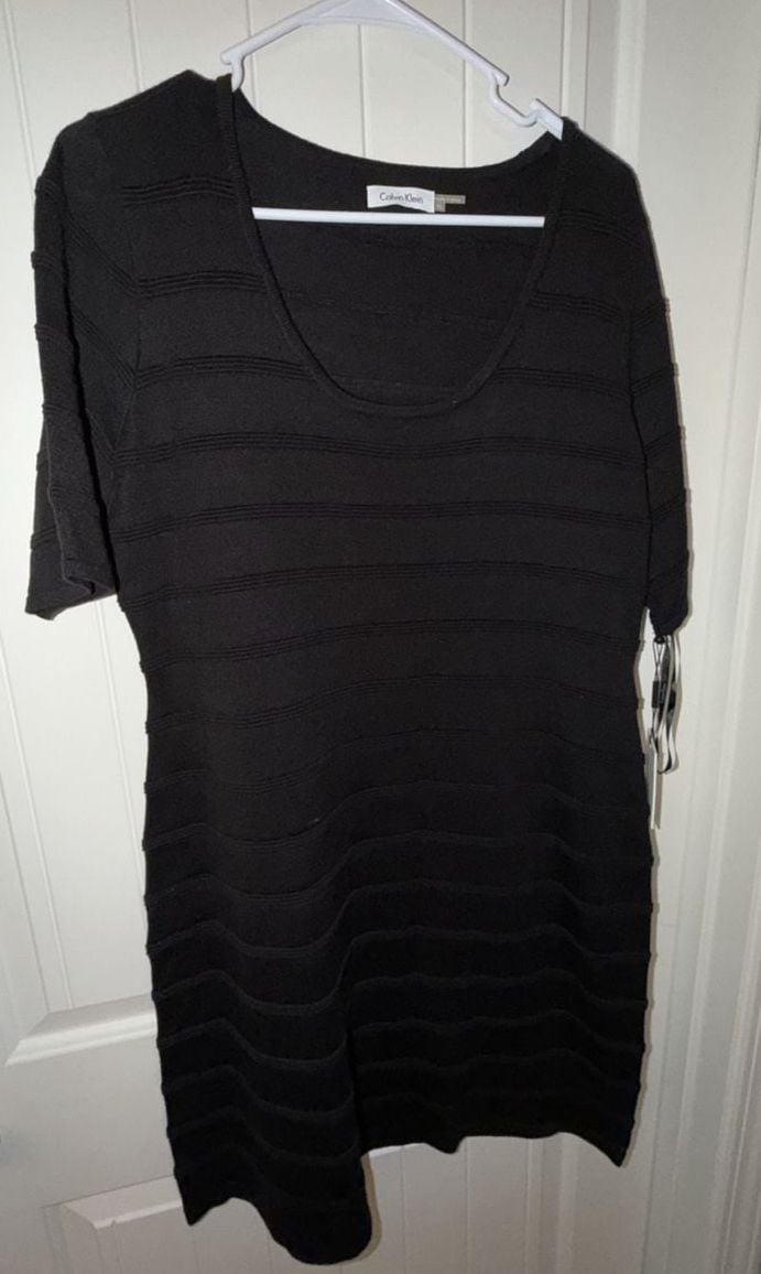 Calvin Klein Knit Dress Size XL Black Short Sleeve Striped Sheath 5