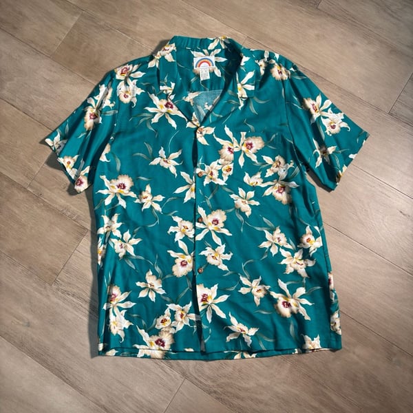 Vintage 80s 90s Paradise Found Star Orchid Hawaiian Shirt Size XL Green Rayon