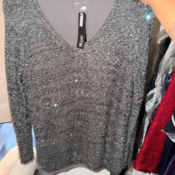 Teylalorva Women's V-Neck Blouse Sequin Solid Color Long Sleeve Casual Top Gray
