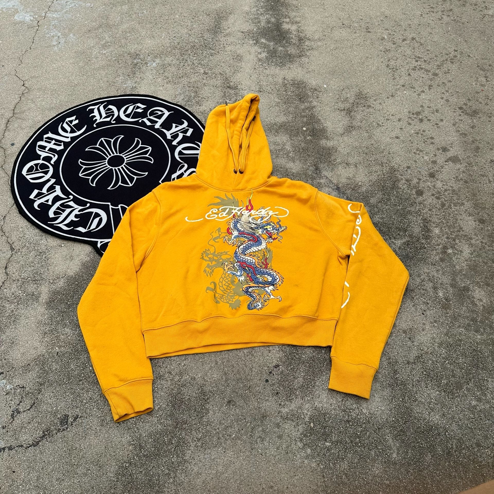 Ed Hardy Cropped Dragon Hoodie Mustard Yellow Medium 2