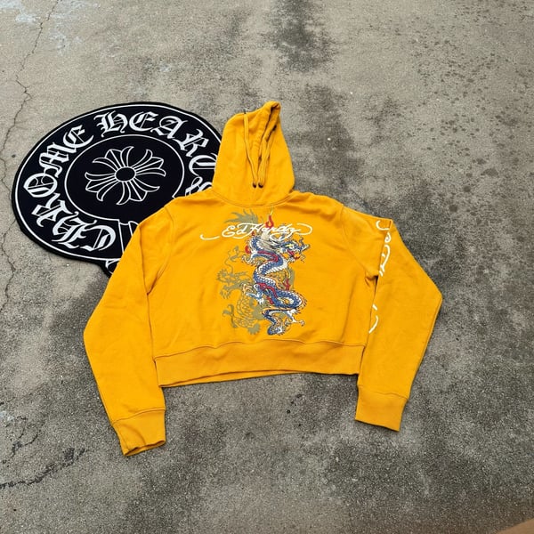 Ed Hardy Cropped Dragon Hoodie Mustard Yellow Medium