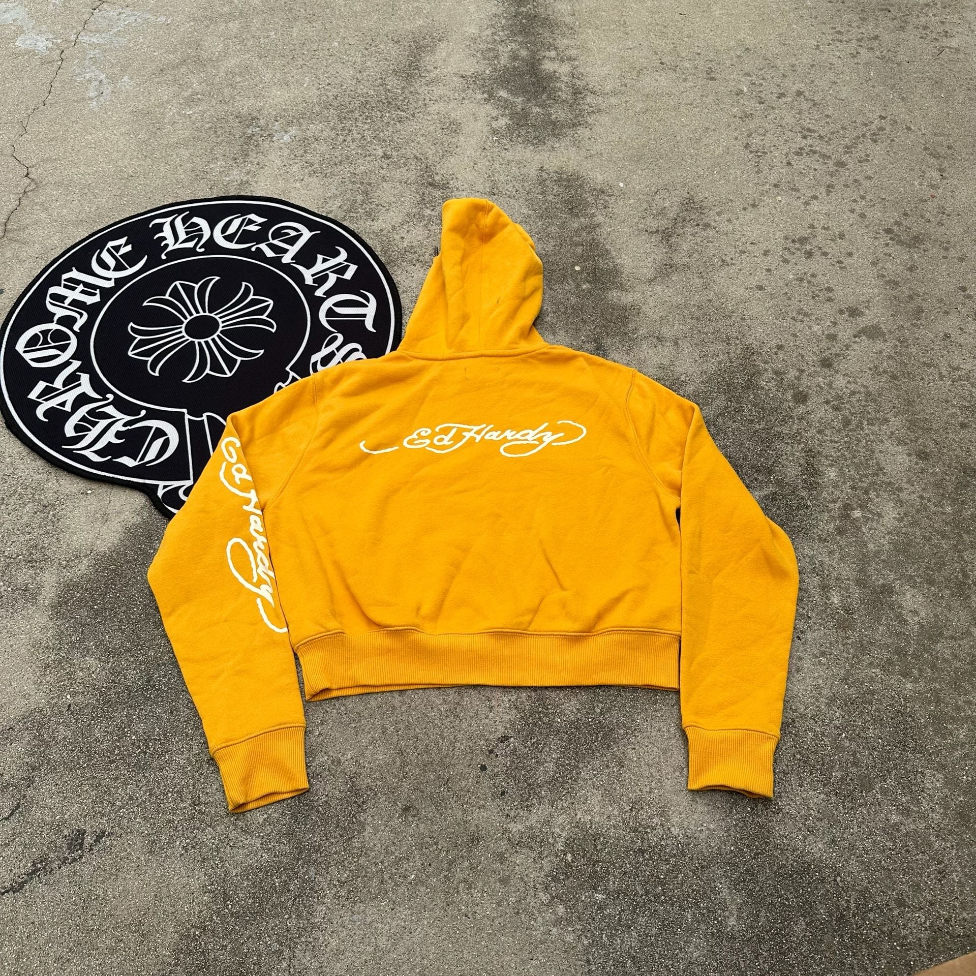 Ed Hardy Cropped Dragon Hoodie Mustard Yellow Medium 3