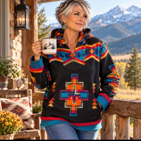 Southwestern Aztec Fleece Hoodie Pullover Black Turquoise Western L