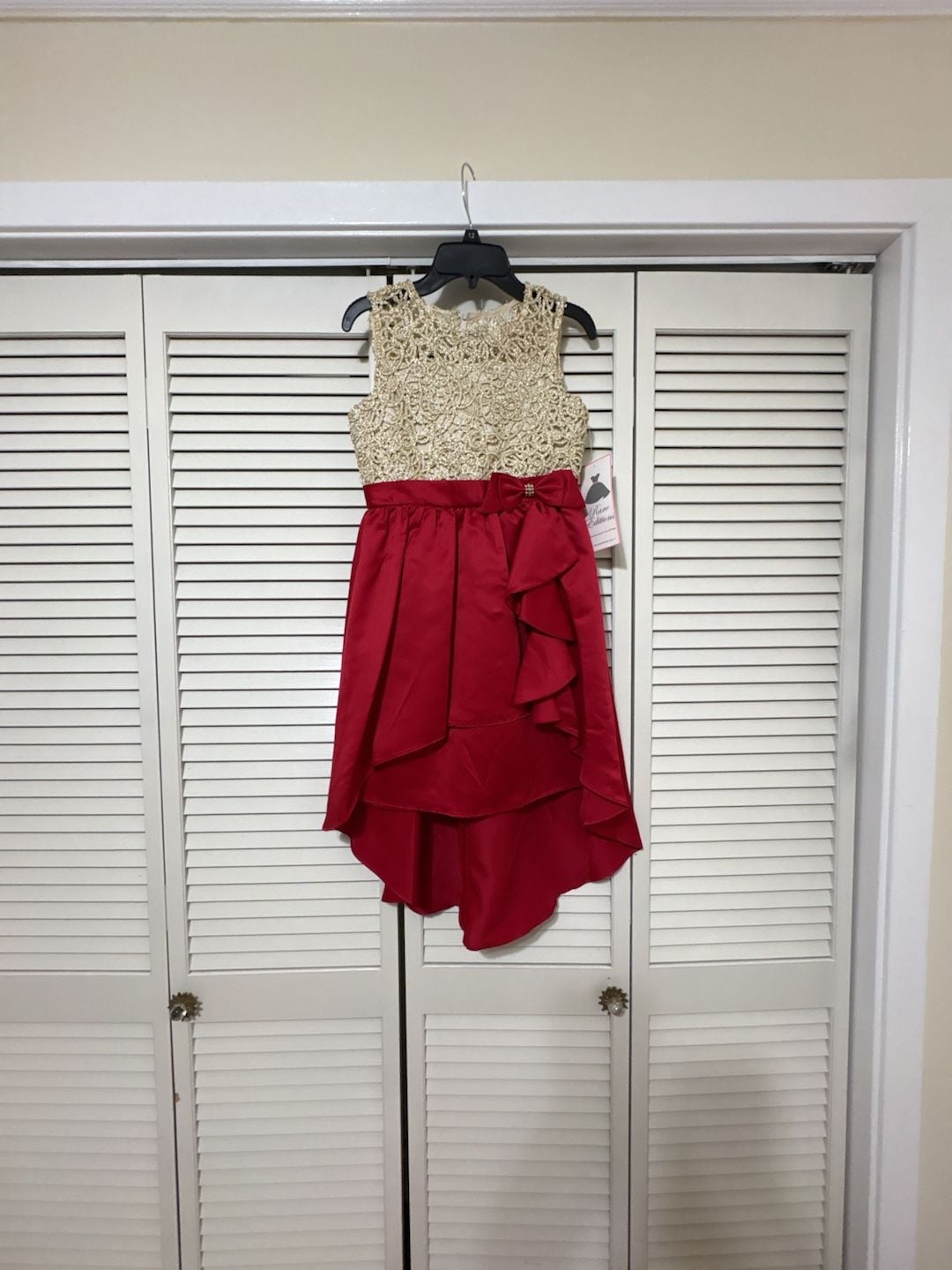 Rare Editions Cascade Bow Dress Size 12 Gold Red Lace Hi-Low Holiday 2
