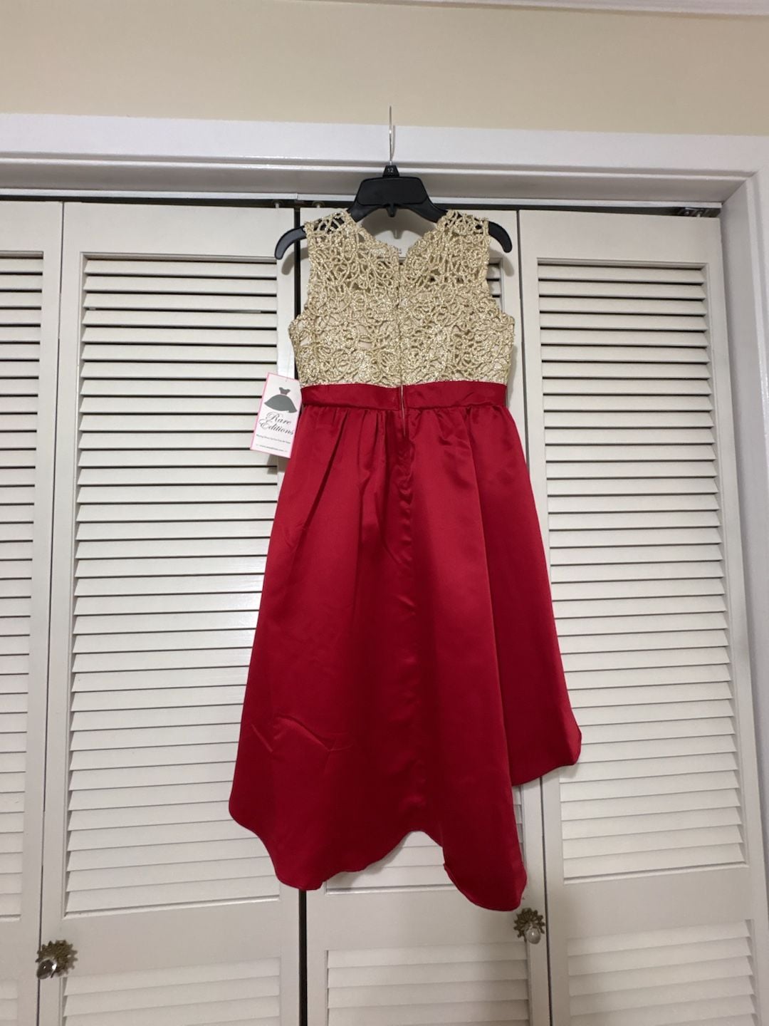 Rare Editions Cascade Bow Dress Size 12 Gold Red Lace Hi-Low Holiday 4