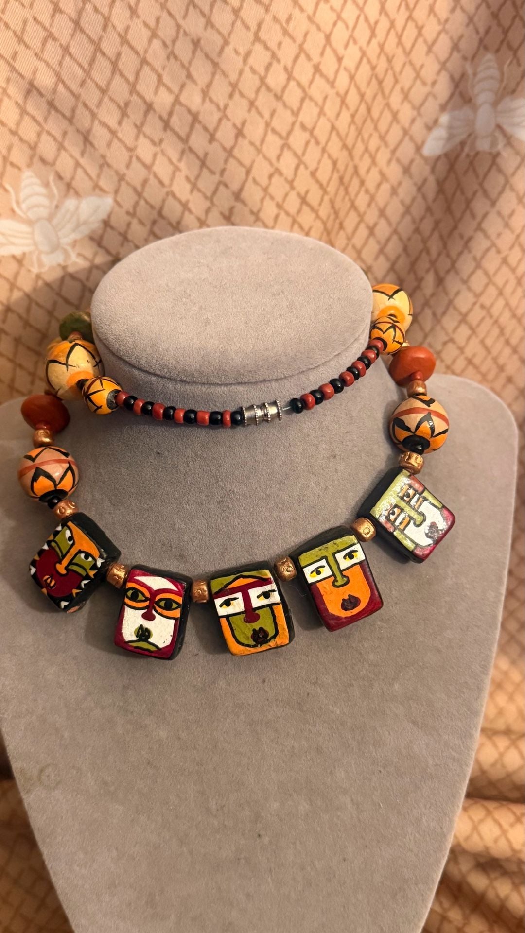 Handmade Tribal Face Painted Wooden Bead Statement Necklace 2