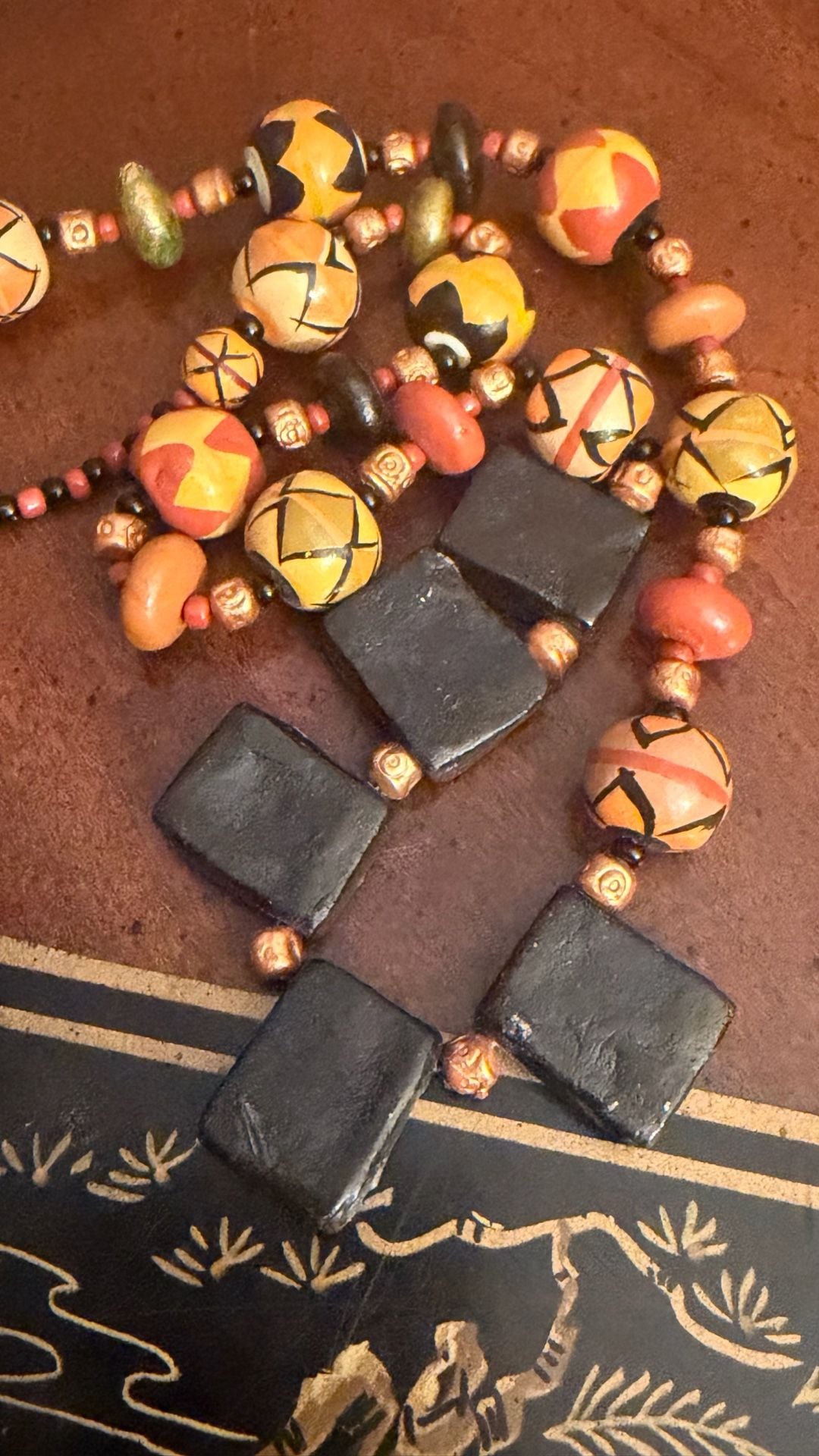 Handmade Tribal Face Painted Wooden Bead Statement Necklace 3