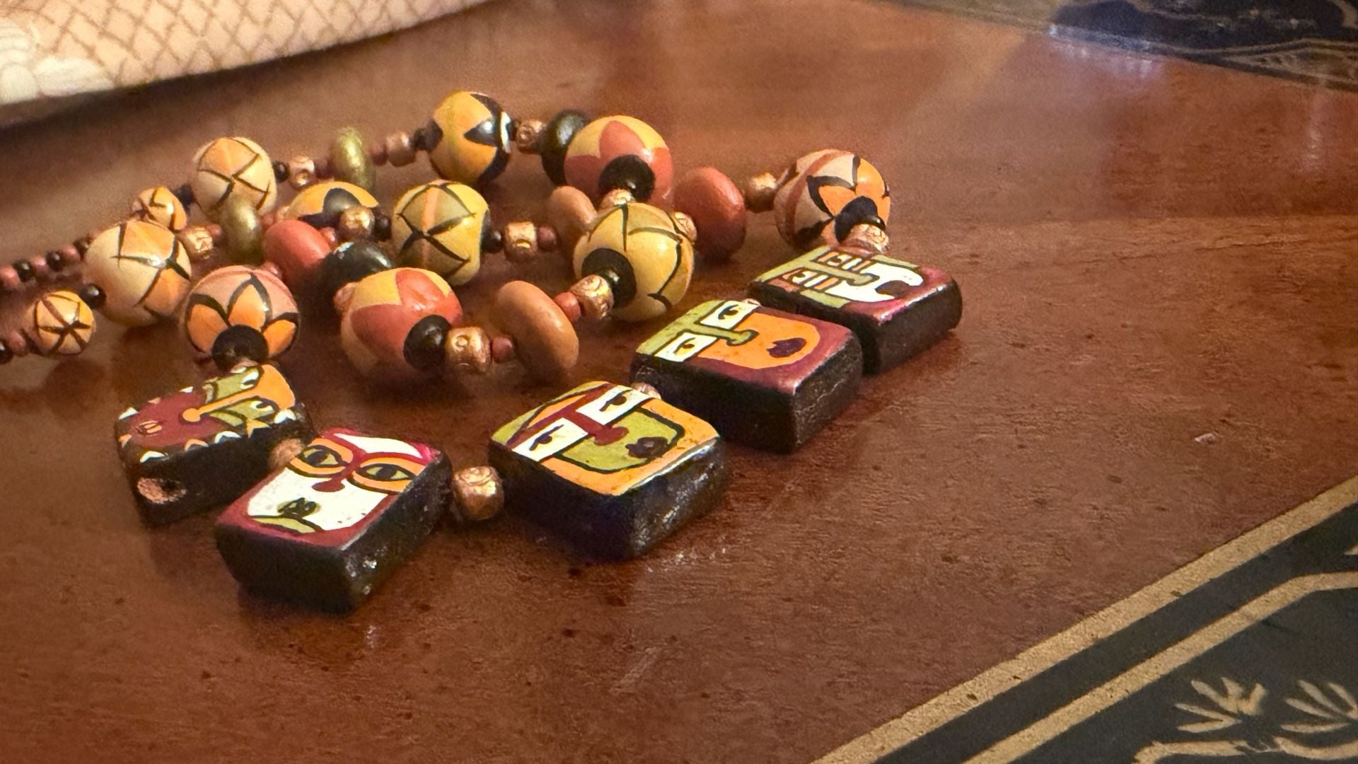 Handmade Tribal Face Painted Wooden Bead Statement Necklace 4