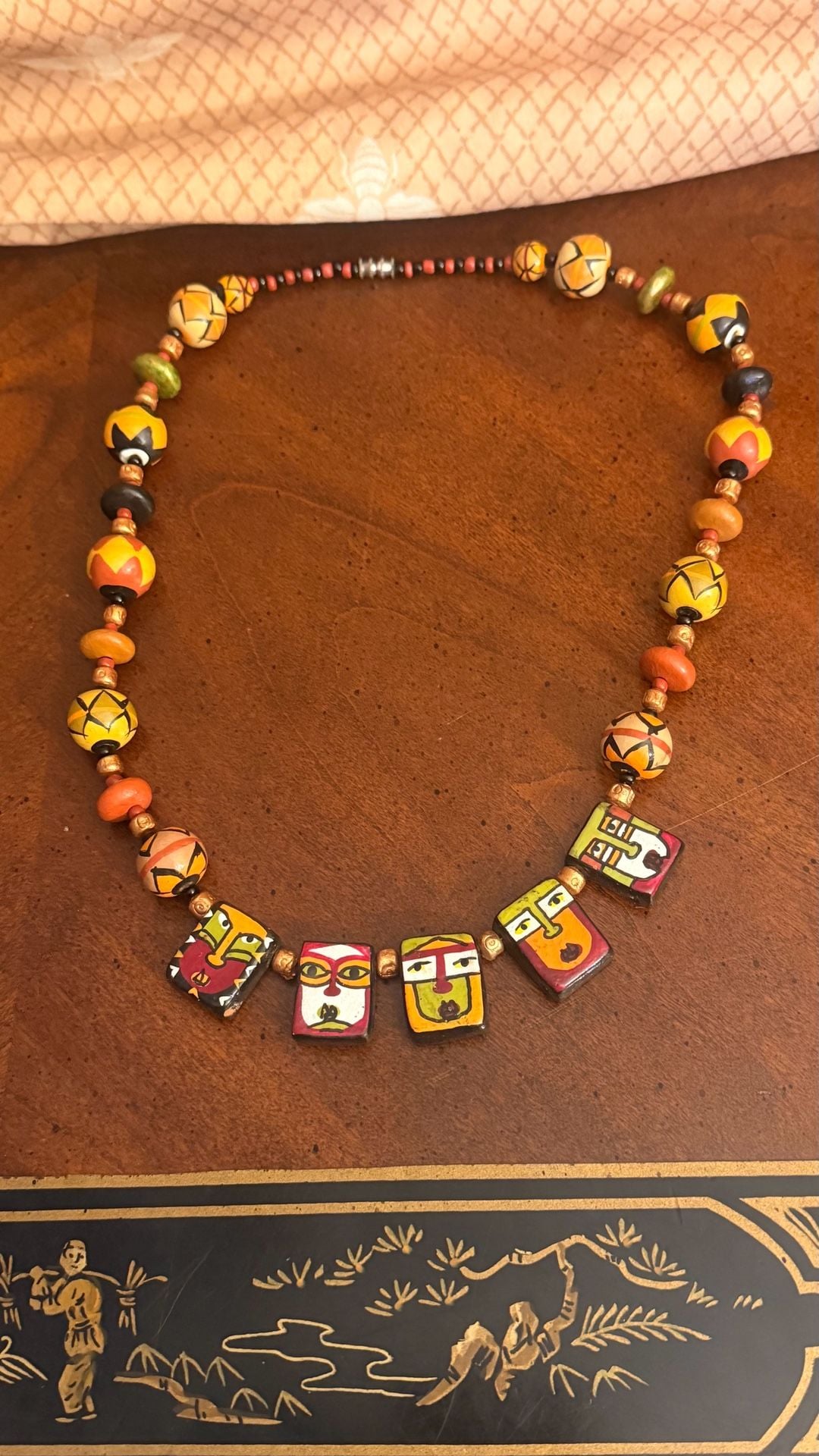 Handmade Tribal Face Painted Wooden Bead Statement Necklace 5