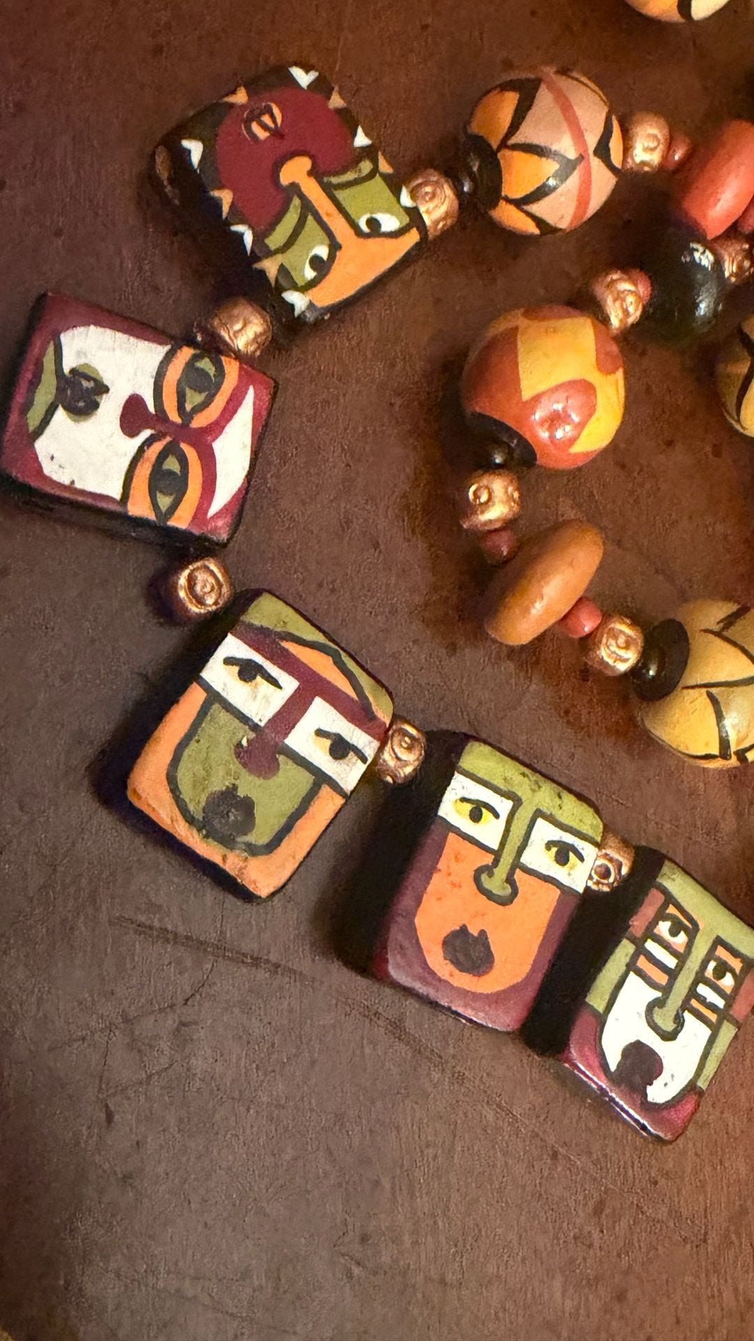 Handmade Tribal Face Painted Wooden Bead Statement Necklace 6