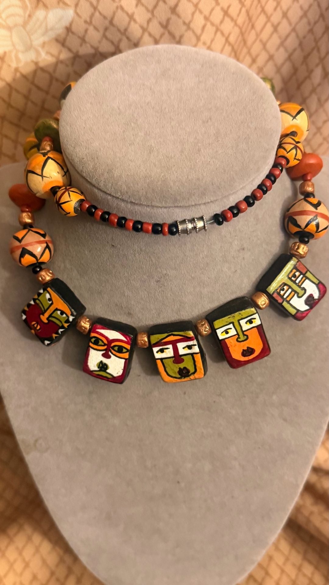 Handmade Tribal Face Painted Wooden Bead Statement Necklace 7