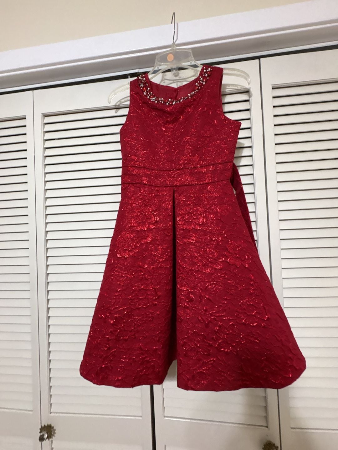 Rare Editions Dress Size 14 Red Brocade Embellished Neckline 2