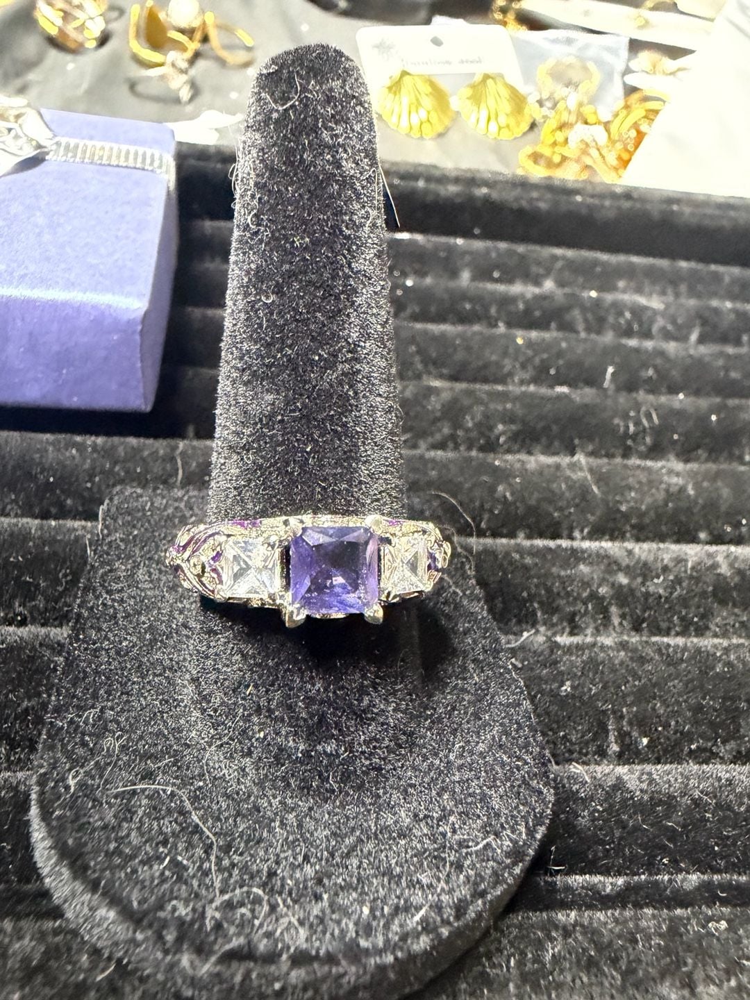 Vintage Style Silver .925 Purple Enamel Rhinestone Ring 2