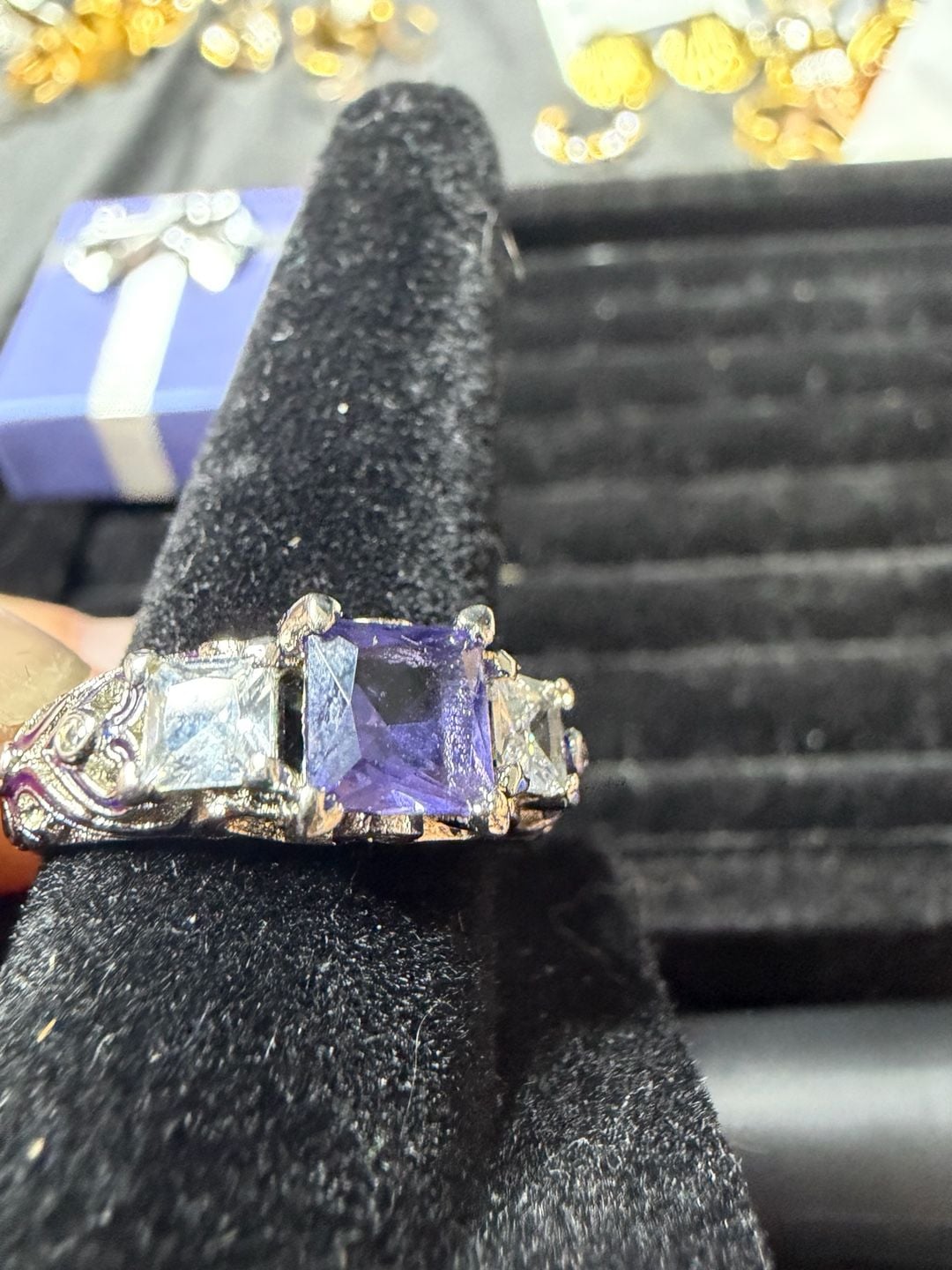 Vintage Style Silver .925 Purple Enamel Rhinestone Ring 3