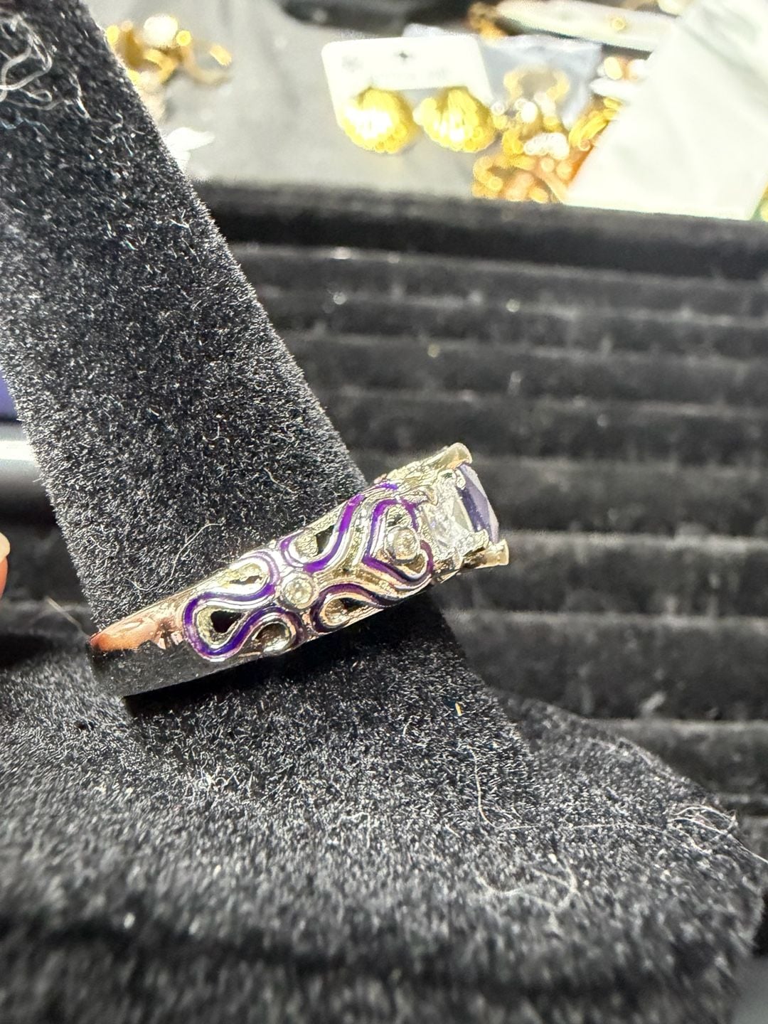 Vintage Style Silver .925 Purple Enamel Rhinestone Ring 4