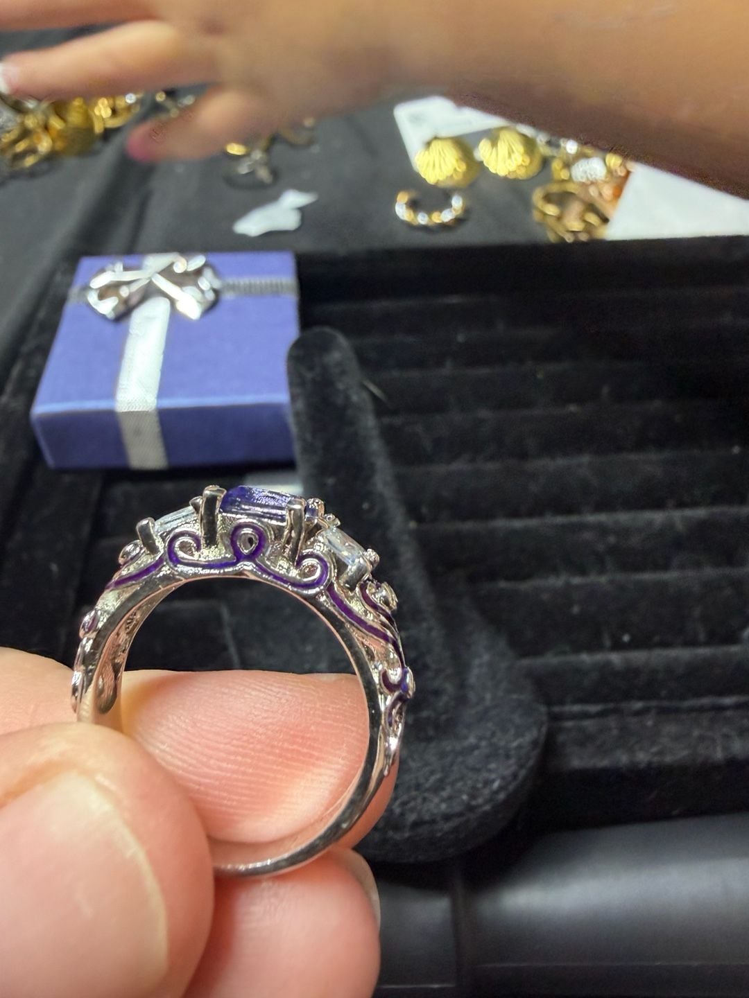 Vintage Style Silver .925 Purple Enamel Rhinestone Ring 5